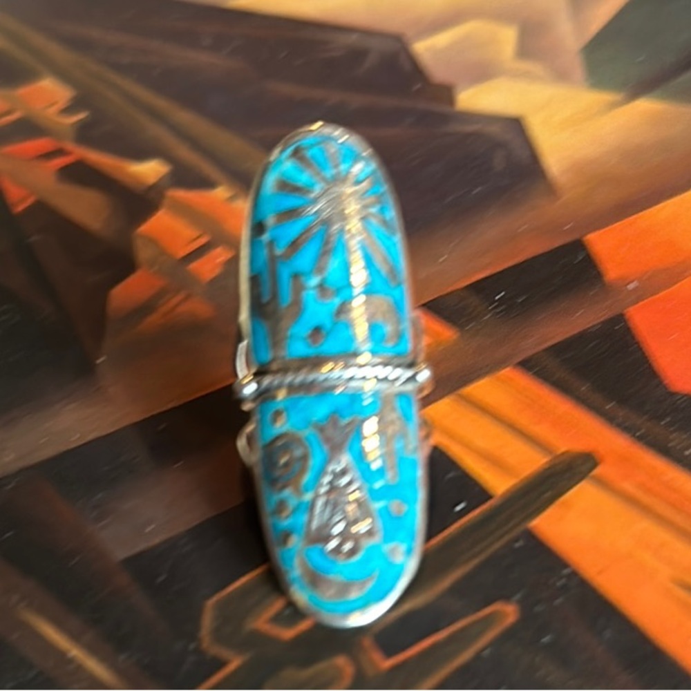 Turquoise and Sterling Elongated Oval Ring with Cactus - Picture 5 of 5